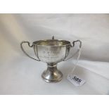 Three handle small trophy cup 3" high. B'ham 1933 by AC 75g.