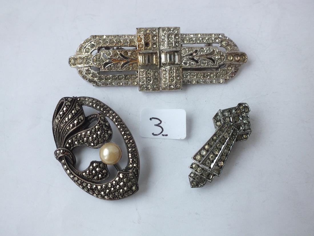 Vintage silver, pearl & marcasite brooch and 2 paste dress clips