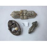 Vintage silver, pearl & marcasite brooch and 2 paste dress clips