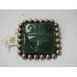 Large Aztec design greenstone and silver square brooch 5cm wide