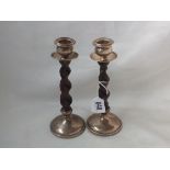 A pair of oak barley twist mounted candle sticks 7.5" high. B'ham 1928