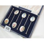 Case set of six floral enamelled tea spoons. B'ham 40g.