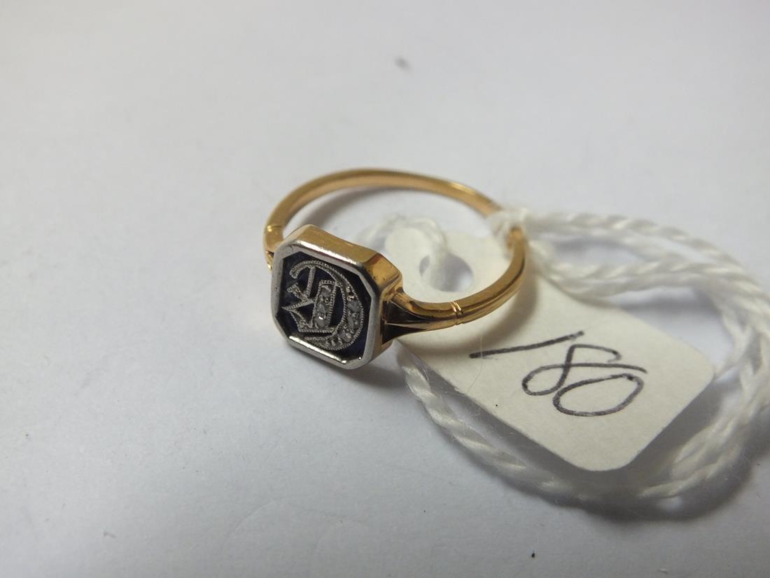 18ct gold diamond & enamel initial ring 1.9g inc