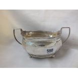 Georgian boat shaped sugar basin with gadrooned rims 8" over handles. Lon. 1807 by CF 250g.