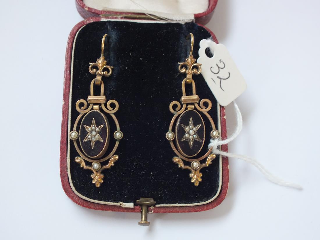 Antique pair of pearl and paste set drop earrings contained in a box