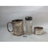 Christening can, embossed with roses 3.5" over handle. Chester 1915 by RP etc.