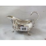 Sauce boat with shell feet 6.5" over flying scroll handle. Lon. 1911 by WH 215g.