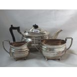 HEAVY THREE PIECE BOAT SHAPED TEA SERVICE, each raised on ball feet, 11" over spout. Sheff. 1929