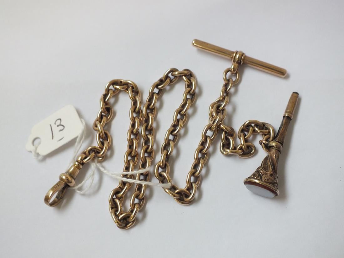 ANTIQUE 10CT GOLD WATCH CHAIN WITH T bar, dog clip and watch key fob with stone to terminal. Total
