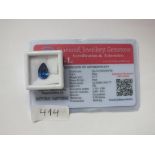 A pear drop blue unmounted sapphire of 5.77cts with certificate of authenticity