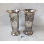 A pair of Art Nouveau spill vases, embossed with flowers 5" high Lon 1904 by CD 160g.