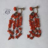 Pair vintage silver gilt coral ear pendants 5.5cm long 8g inc