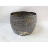 Indian plant pot, embossed with panels of figures, 4" dia.