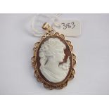 9ct shell cameo pendant in fancy mount 4.5cm long