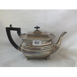 Boat shaped tea pot with gadrooned rim 10" over spout. Sheff. 1928 by JD & S 580g.