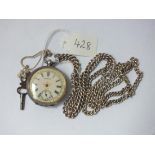 Ladies silver fob watch complete with metal Albert and key