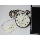 Cased gents silver pocket watch with seconds dial and metal Albert