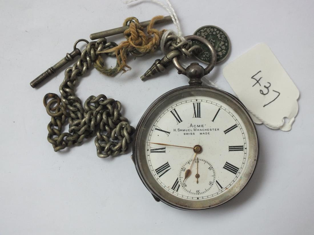 Gents silver pocket watch Acme with seconds dial on metal Albert