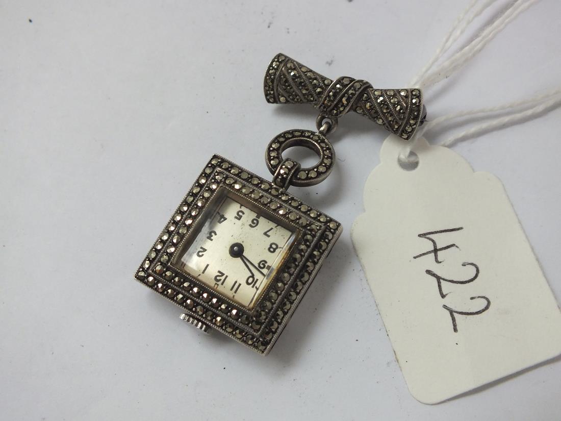 Ladies square faced silver and marcasite nurses watch with bow