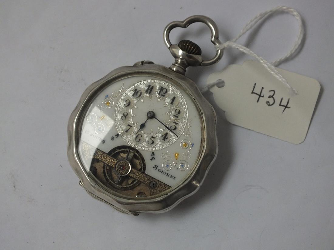 Continental silver balance wheel pocket watch with wavy frame