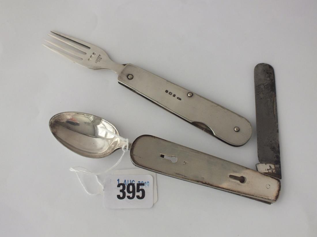 Travelling hinged combination spoon, fork and knife, 2.75” long, by Asprey & Co