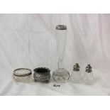 Pair of glass pepperettes, etc