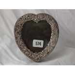 Heart shaped photo frame with foliate border, 5.5” high marked Sterling
