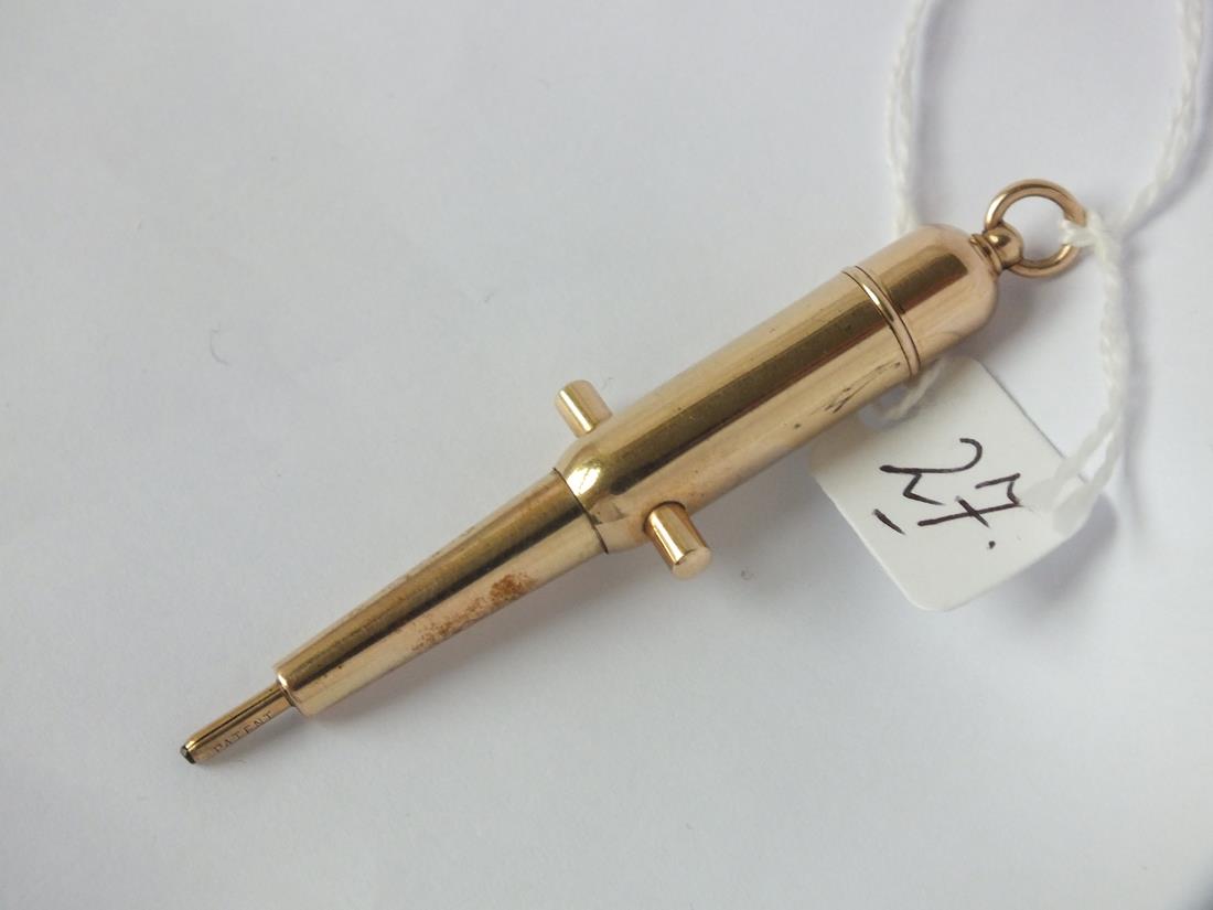 RARE VICTORIAN GOLD PROPELLING PENCIL in the form of a Canon with date registration mark, smooth - Image 2 of 2