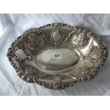 Fruit dish, boat shaped body embossed and quartered by pierced panels, 12” wide B’ham 1904 by CH