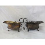 Pair of sauce boats on hoof feet, 5” over flying scroll handles Lon 1924 175g.