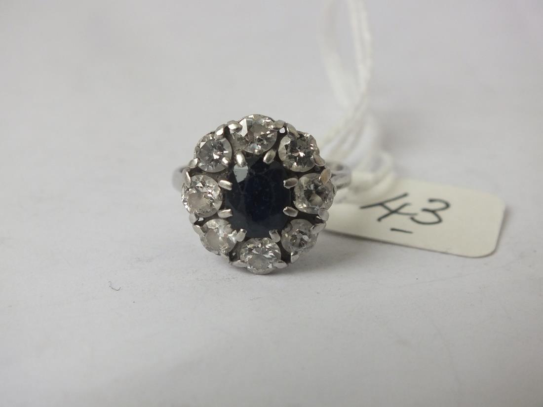 GOOD SAPPHIRE & DIAMOND CLUSTER ring set in white gold mount. Central sapphire approx 6mm long and - Image 2 of 2
