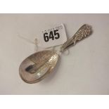 Fancy scroll engraved caddy spoon, B’ham 1908 by WD 8g.