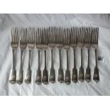 Set of twelve Victorian fiddle pattern table forks, Lon 1850 by LIAS 945g.