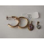 Pair of 9ct hoop earrings and 2 9ct stone set pendants