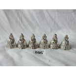 Set of six menu holders, each in the form of a crinoline lady,1.5” high .925 136g.