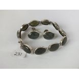 White metal moss agate panel bracelet and ear clips