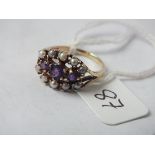 An attractive 9ct three row amethyst & pearl dress ring approx size M