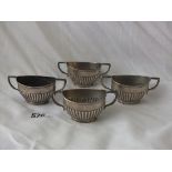 Set of four Victorian boat shaped part reeded salts, 3” over handles Shef 1887 by WG & JL 110g.