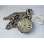 Silver fob watch on long metal chain