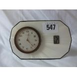 Art Deco white enamelled bed side clock, 5” wide