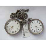Two silver pocket watches on silver chain, 15” long