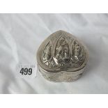An Indian heart shaped pin box with embossed cover and sides, 2.5” long 65g.