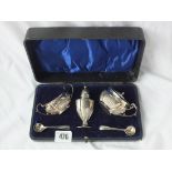 A boxed three piece part reeded cruet, 3.5” over handle 92g.