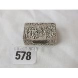 Rectangular pill box, hinged cover embossed with figures, 1.5” wide marked Sterling 18g.