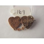 Antique 9ct double heart MIZPAH brooch
