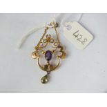 Amethyst peridot and pearl pendant set in 9ct.