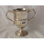 Heavy Georgian style trophy cup, 7.5” over handle Lon 1908 450g.