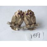 Pair large heavy 9ct Owl ear clips with stone set eyes 18.4g