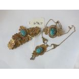 Silver gilt filigree bracelet necklace and brooch with scarab panels