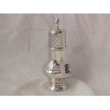 Baluster shaped sugar caster with wrythen knop finial, 6” high Lon 1904 by Goldsmiths 150g.